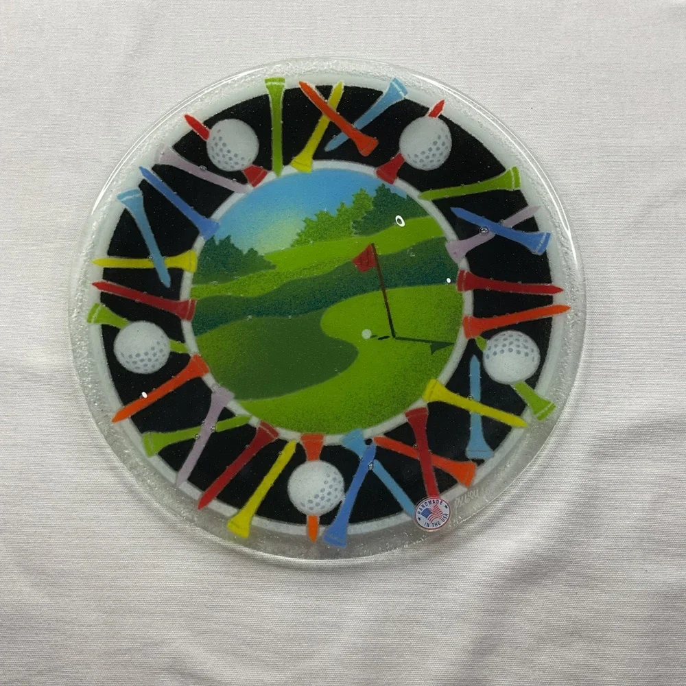 Peggy Karr Fused Glass Golf Plate Signed Art Glass 11.5 Inch Green Fairway Decor